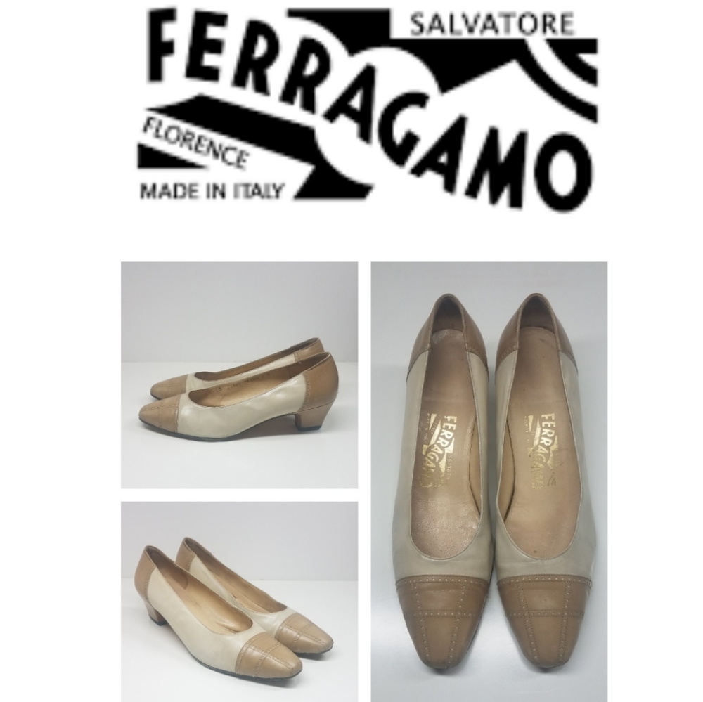 Salvatore Ferragamo Ivory and Tan Pumps